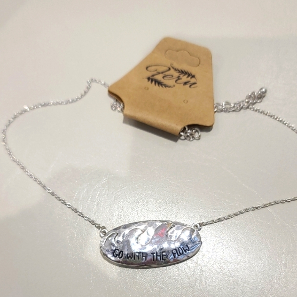 Silver wave, beachy or surfer pendant w chain. "Go With The Flow" of waves NWT. - Picture 4 of 7